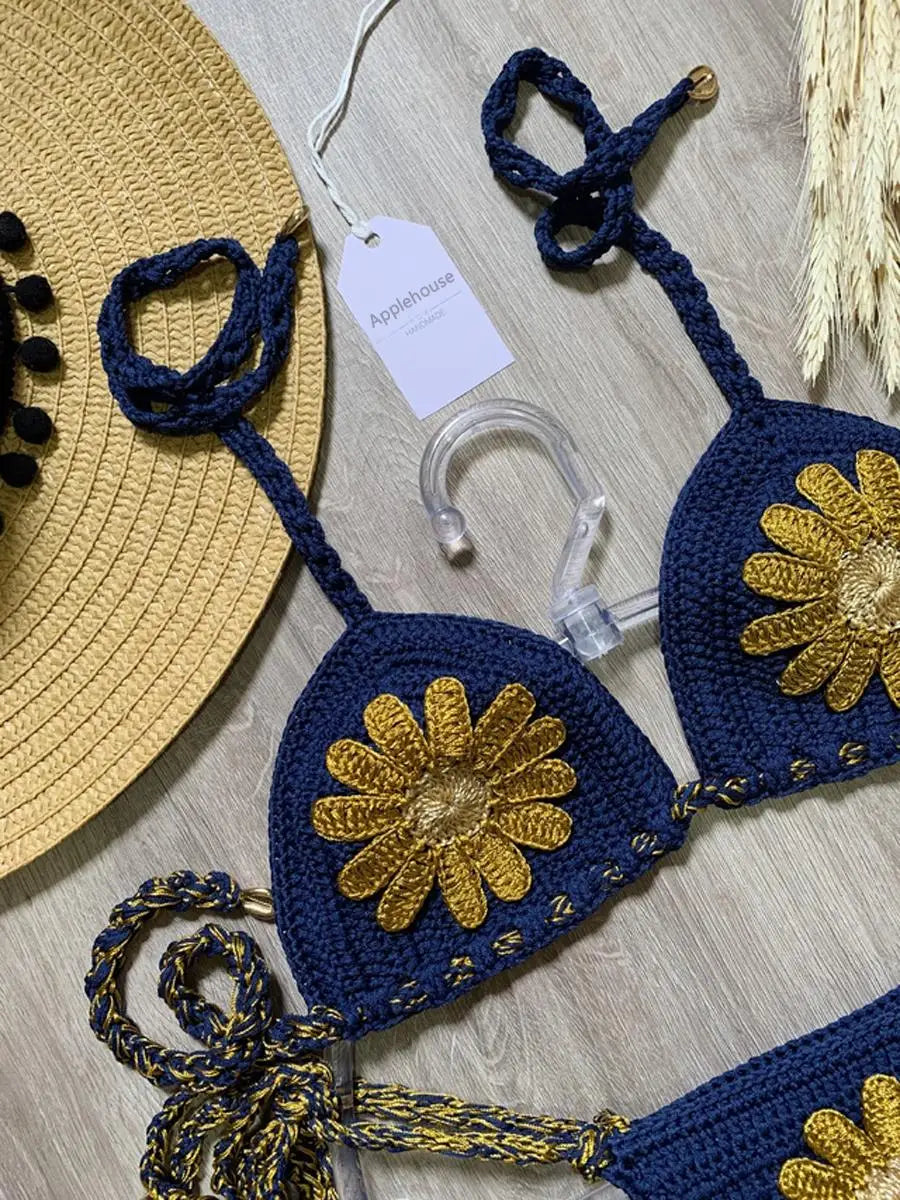 Crochet Bikinis Set Mujer Tankini Swimwear Women Biquinis Feminino Sexy Swimsuit Biquini Flor Brazilian Adjustable Thong Bikini - Kimlud