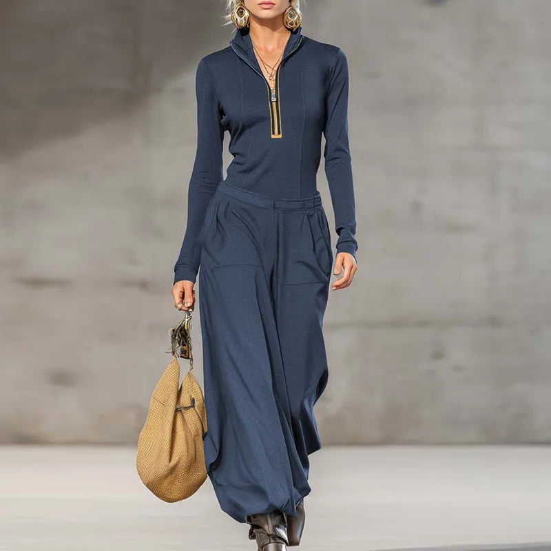 Retro Solid Zipper Hooded Top Pullover+High Waist Pants Outfit Woman Sexy Stand Collar Overalls Suit Chic Long Sleeve Autumn Set