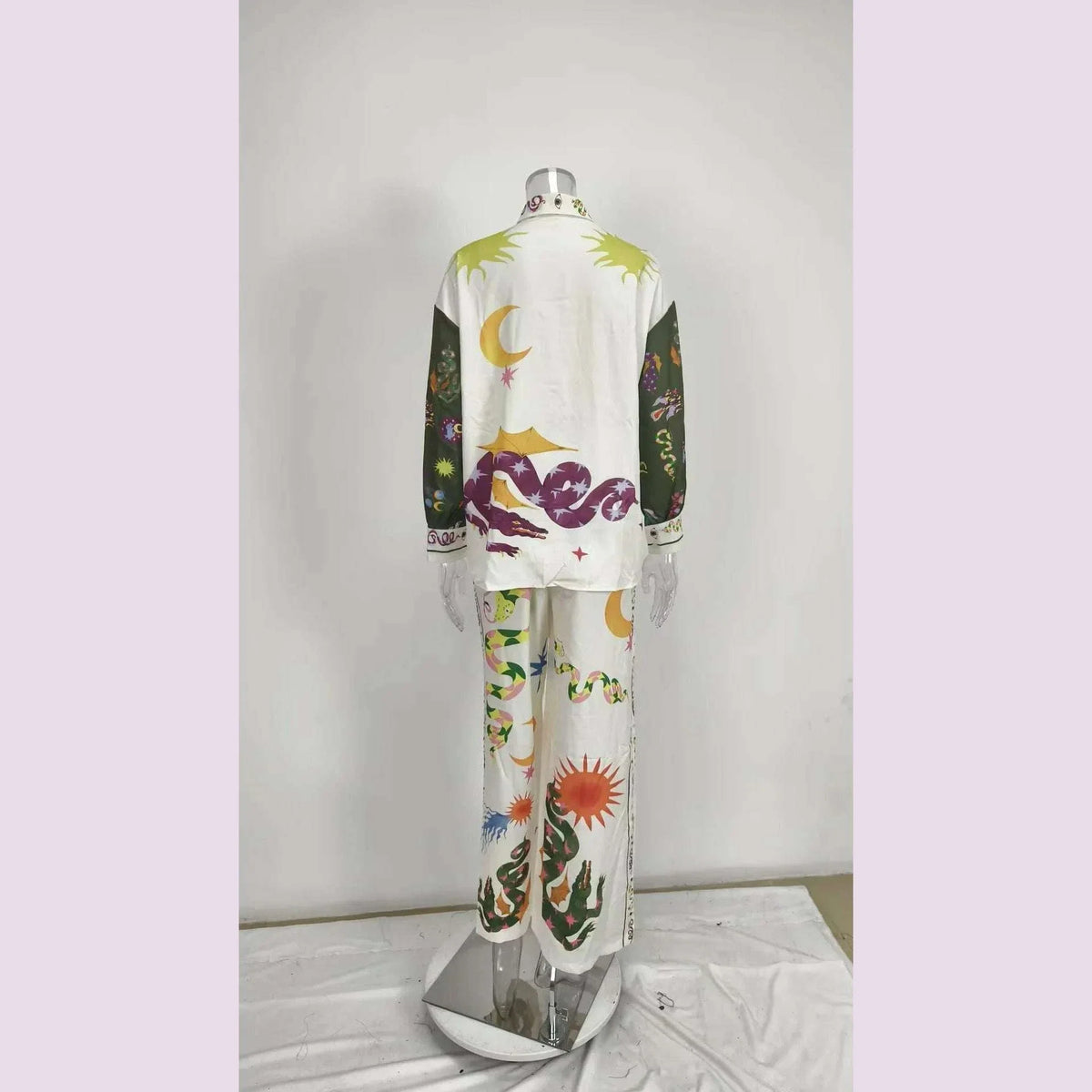 Long Sleeve Long Pant Sets Women Retro Lapel Single Breasted Blouses Trousers 2 Piece Set Printed Color-blocking Elastic Waist