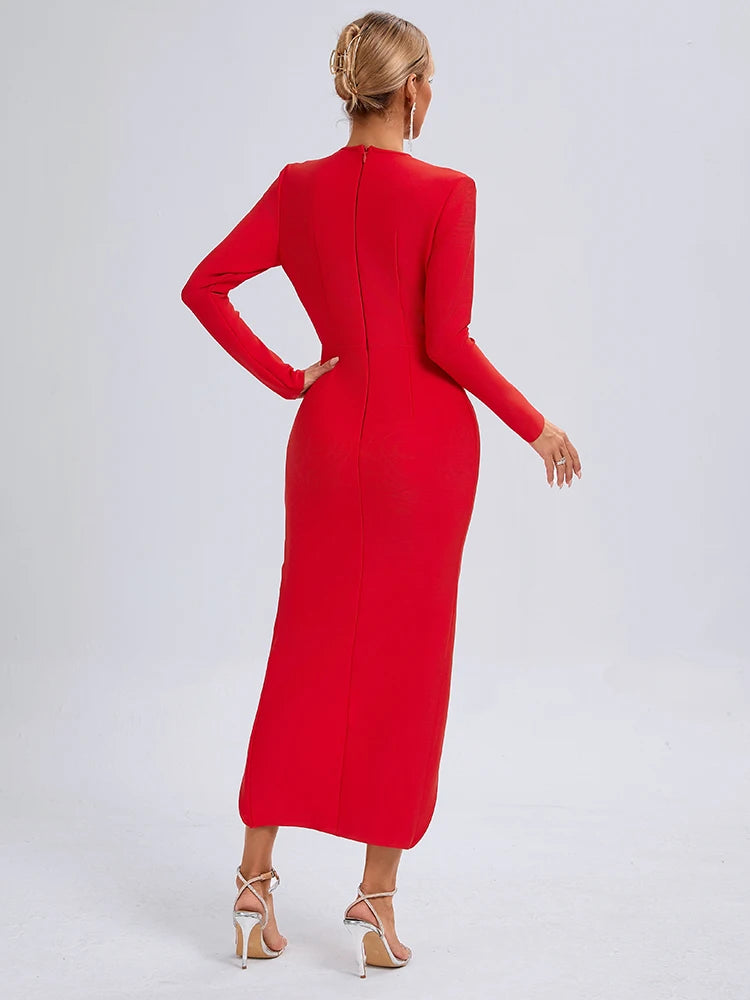 VC Sexy Red Deep V Plunge Long Sleeves Ruched Bandage Dress Women Pleated Bodycon Maxi Long Evening Party Club Gown