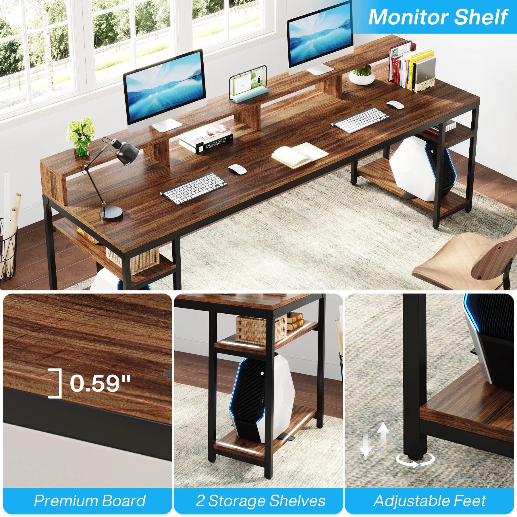 Tribesigns 78.74 Inches Extra Long Two-Person Desk, Double Computer Desk with Monitor Stand and Storage Shelves, Work Table
