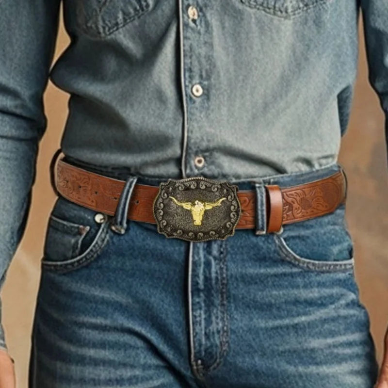 New Men's Western Cowboy Belt - Cool Handsome Black PU BELT Material Embossed Design and Stylish Alloy Buckle Men Belt