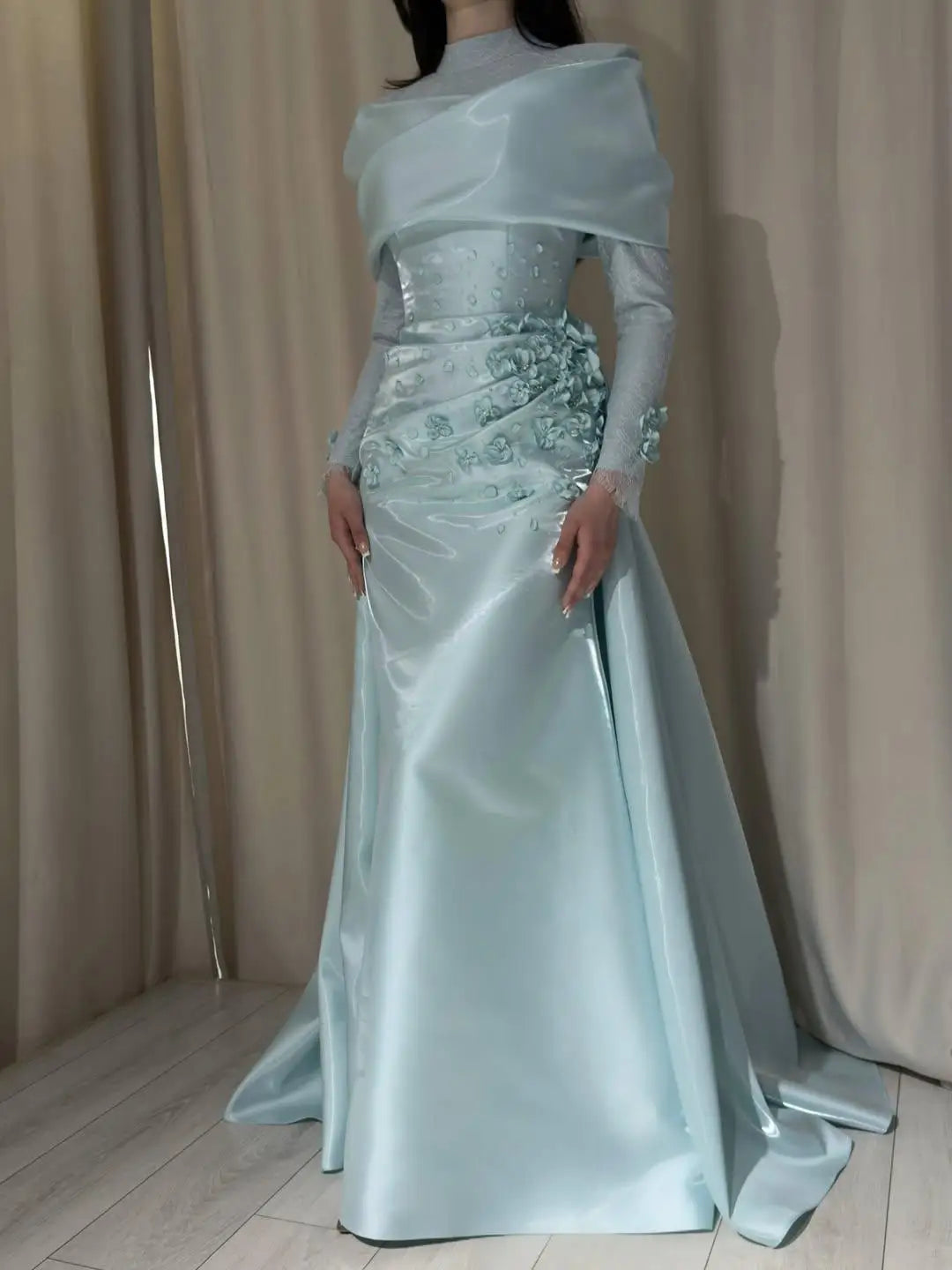 Elegant Layered Satin Lace Evening Dress High Neck Long Sleeve Floral Bead Decoration Bodycon Mermaid Sweep Train Maxi Gown