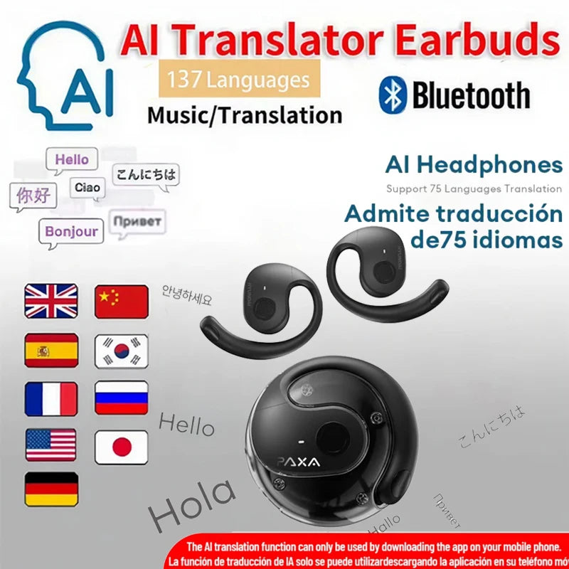 PAXA Wireless Bluetooth AI Translator Earbuds Real-Time Voice Translation Headphones 137 Languages For Travel Business Learning