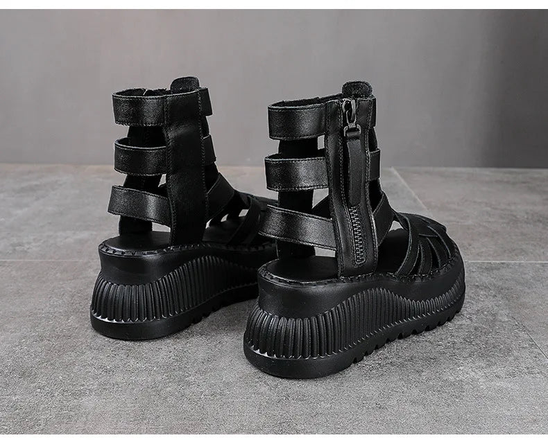 Koznoy 8cm 2025 Ethnic Weave Cow Genuine Leather Hollow Zip Summer Fashion Ankle Booties Women Chunky Heels Breathable...