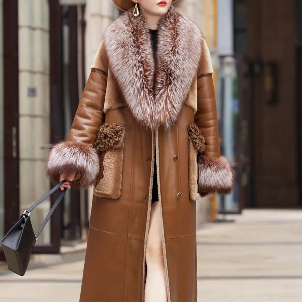 Slim Long Real Leather Jackets Women Fashion Solid Buttons Coats Women Elegant Tie Belt Waist Pockets Jackets Female Ladies