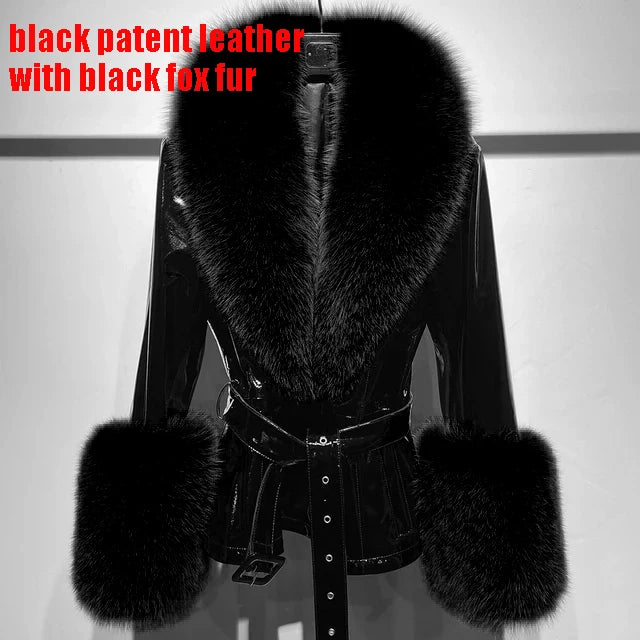 YOLOAgain Women's Real Fox Fur Collar Sheepskin Leather Jacket Coat Autumn 2024