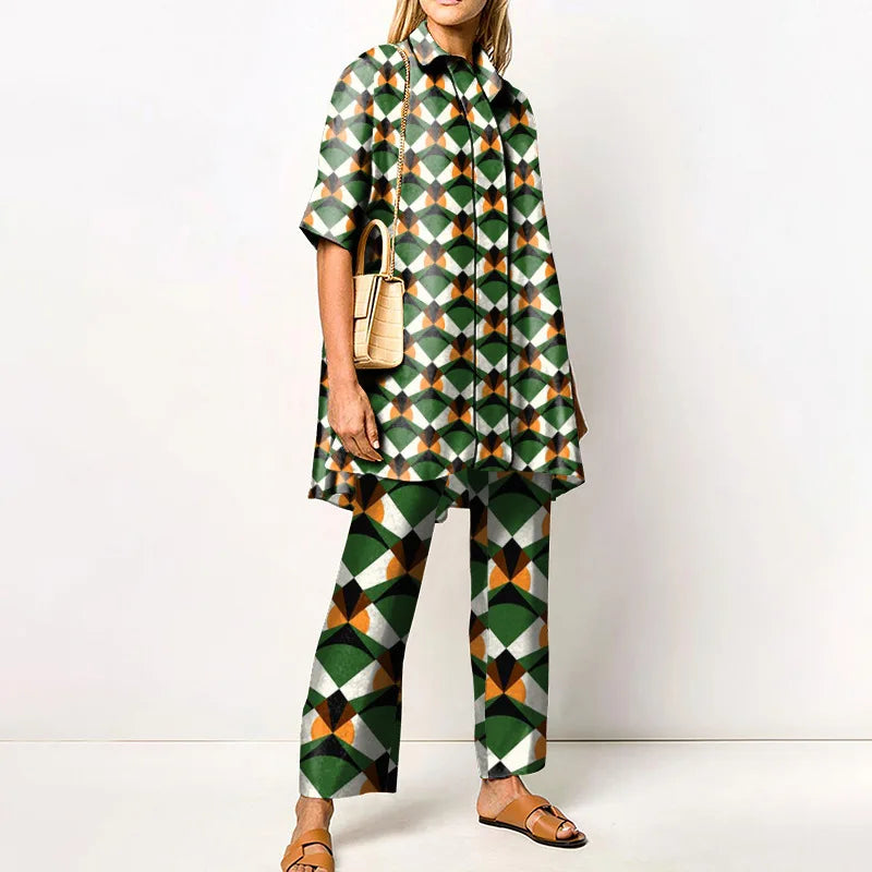 Autumn New Loose Vintage Printed Pant Sets Women Long Sleeve Shirts And Wide Legs Trousers Two Piece Set 2025 Fashion Streetwear