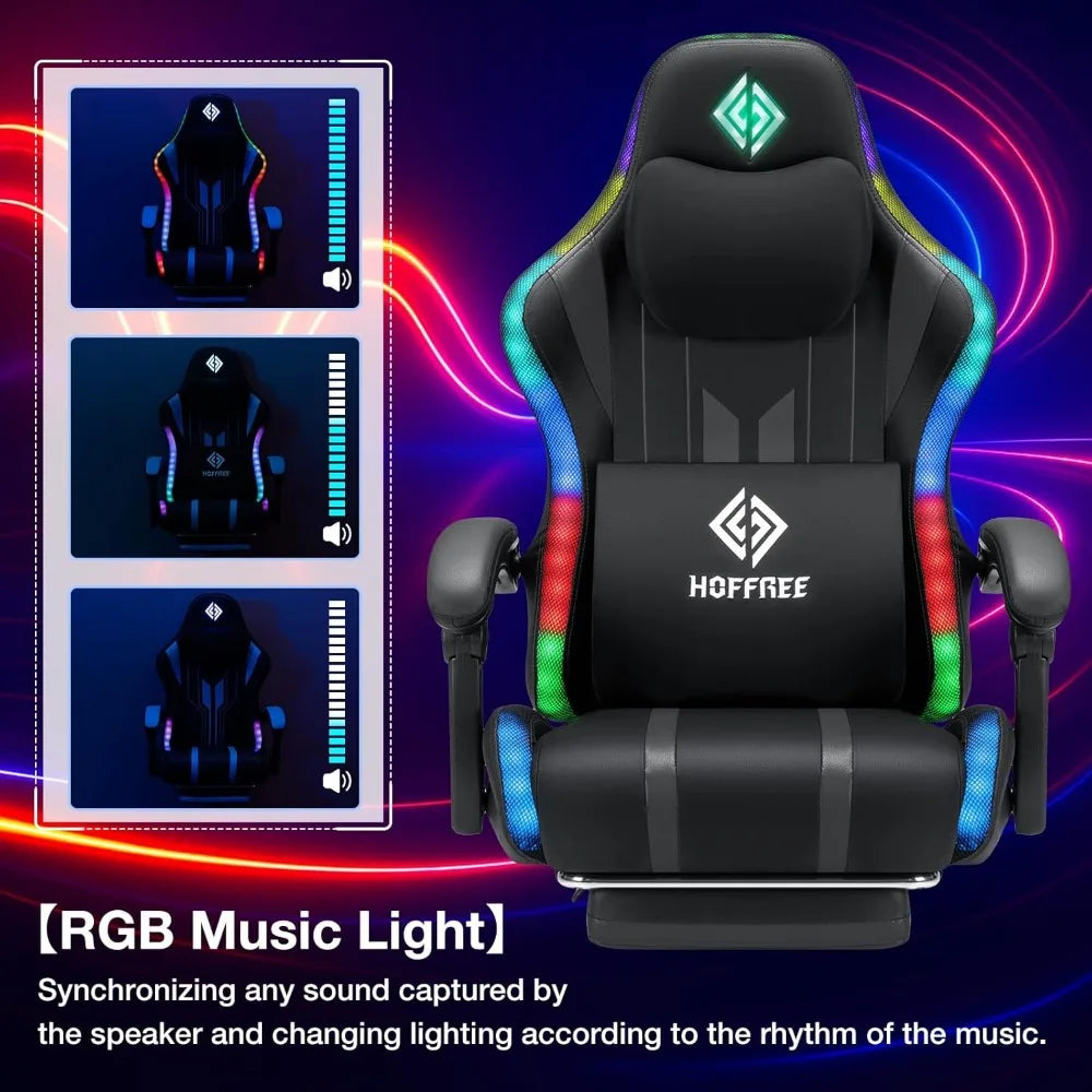 Ergonomic Computer Gaming Chair with Massage, Rhythm RGB LED Lights, Bluetooth Speakers, and Footrest for Enhanced Comfort