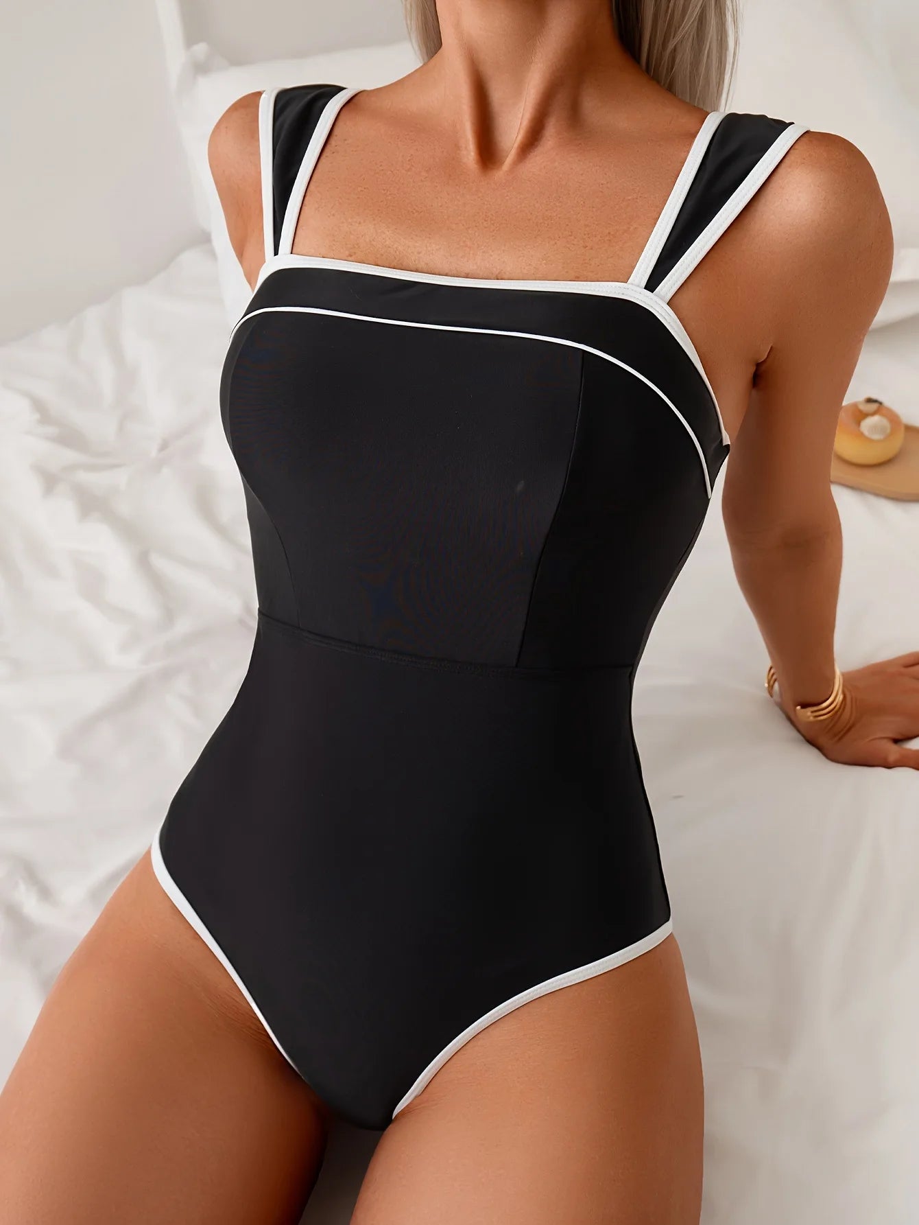 Vintage Black White Contrast Swimwear Women Sexy Push Up Slim Tummy Control One Piece Swimsuit Beach Bathing Suit Pool Monokini - Kimlud