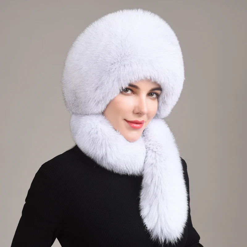 Real Fox Fur Hat with Rabbit Fur Top Girls Winter Hats with Long Tail Pompoms Russian Trapper Hats Bombers Cap Bonnets...