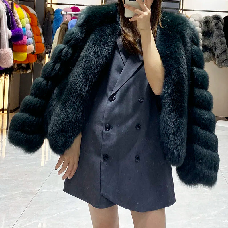 JANEFUR 2024 Thick Warm Real Fox Fur Coat Fashion Female V-neck Fox Fur Collar Coats Elegant luxury Lady Fur Outwear
