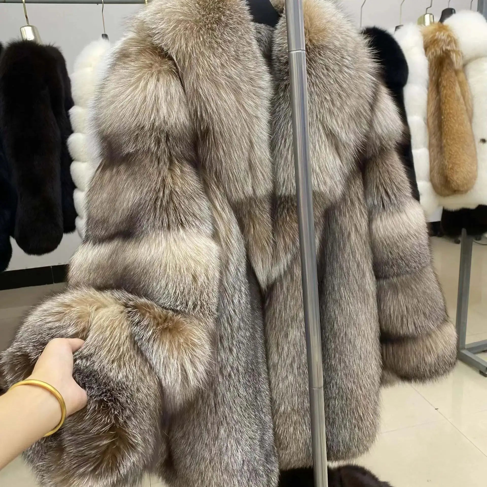 High End Elegant Women's Silver Blue fox Jacket Long fox Collar V-neck Custom Color Real fox Fur Women's Coat