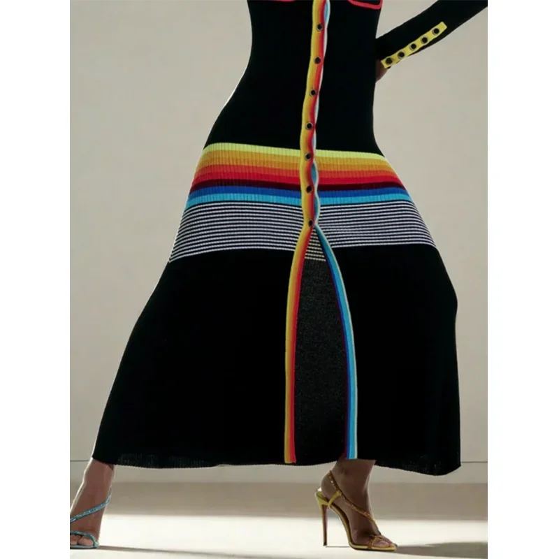 Freeacy Women's Colorful Striped Skinny Dress Lapel Neck Long Sleeves Single-breasted Ankle-Length Dress Autumn Women's Clothing