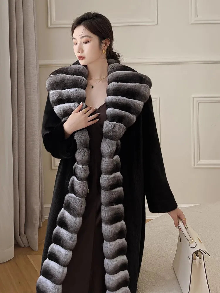Women's velvet mink coat long winter warm trench shawl fur coat whole mink - Kimlud