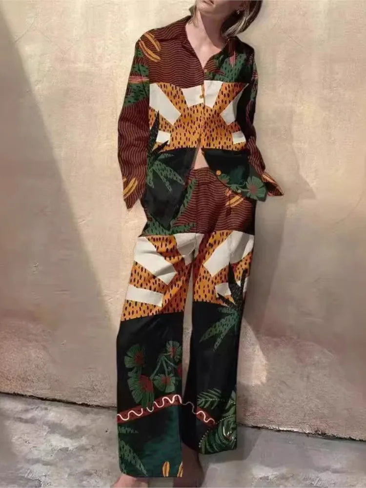 Spring Autumn New In Print Pant Sets Women 2024 Fashion Long Sleeve Shirts Wide Leg Trousers Two Piece Sets Trendy Streetwear