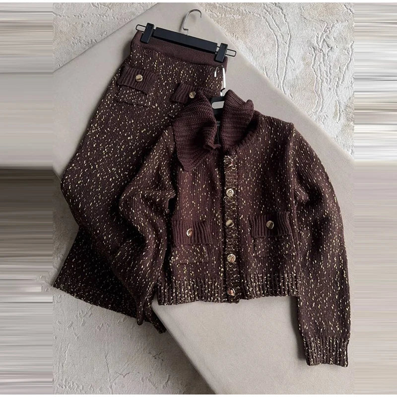 Fashion Knitted Long Skirts Sets Women Lapel Full Sleeve Single Breasted Sweater Hip Package Slim Skirt 2026 Spring Lady Outfits