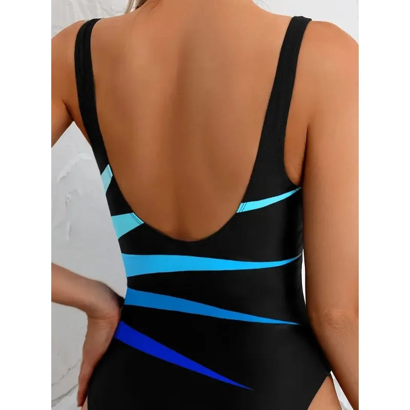 2026 Summer Sexy Backless Slim Triangle One Piece Swimsuit Women's Fashion Contrast Color Striped Sports Swimwear with Chest Pad - Kimlud
