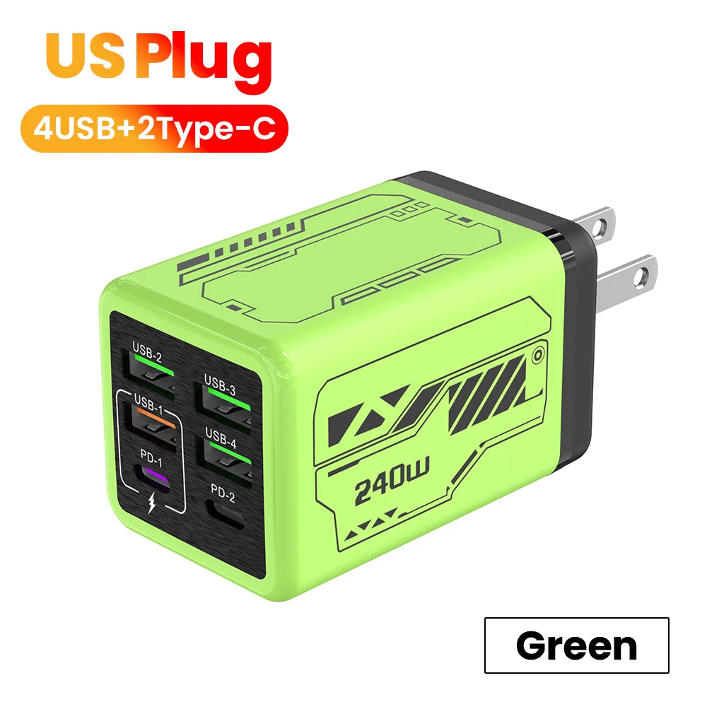 240W 6 Ports 4USB+2Type C Super Fast Charging Mobile Phone Charger USB3.0 PD3.0 EU/UK/US Charger For Iphone 17 16 Samsung POCO