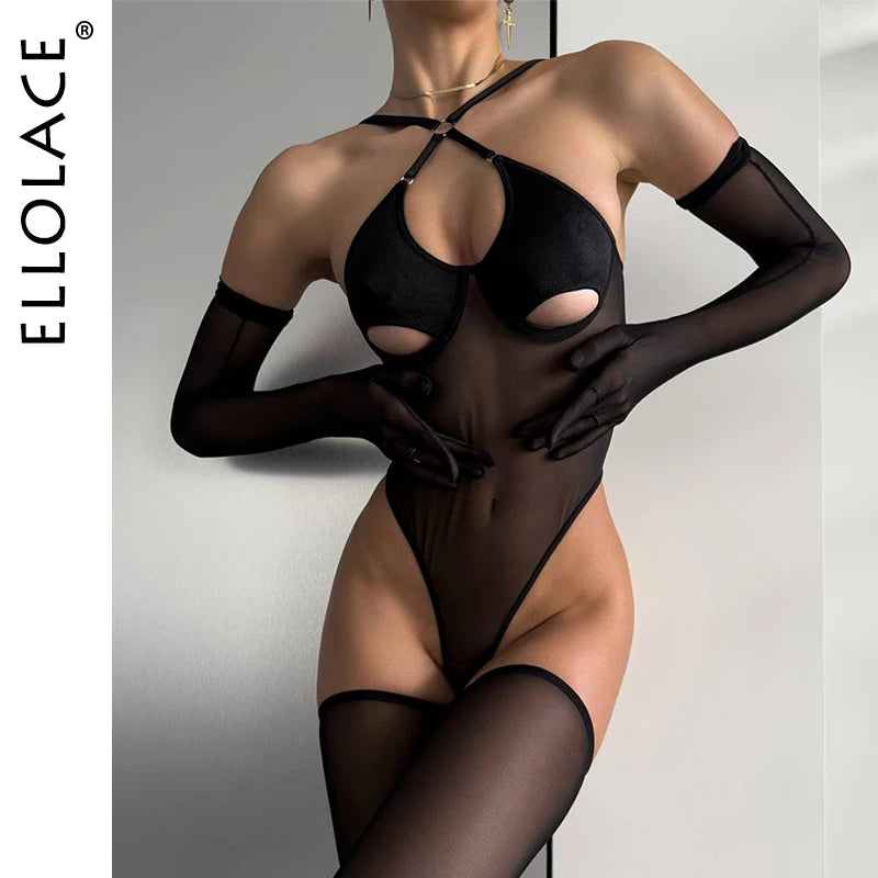 Ellolace Sissy Hot Lingerie Seductive Halter Sheer Body Attractive Hollow Bodysuit Erotic Sexy Open Crotch Porn Party Dancer Kit