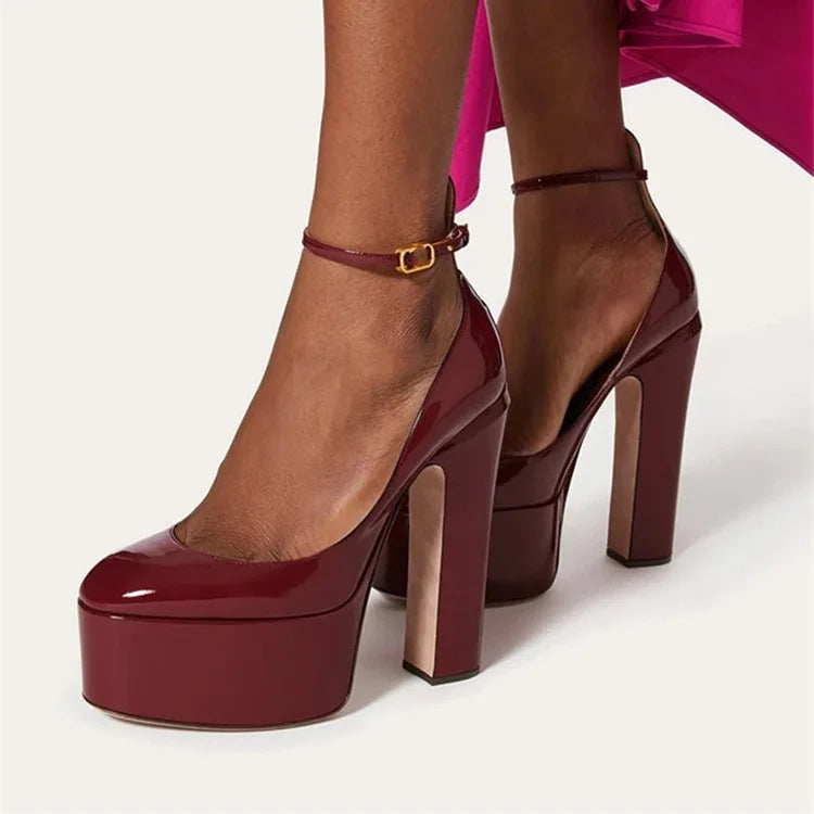 Women New European And American Style Super High Heels Patent Leather Round Toe Thick Sole Large Size Thick Heel Shoes