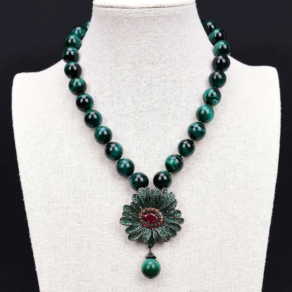 G-G 18" Natural Round Green Tiger Eye Necklace CZ Pave Flower Crystal Pendant Lady Party Gifts