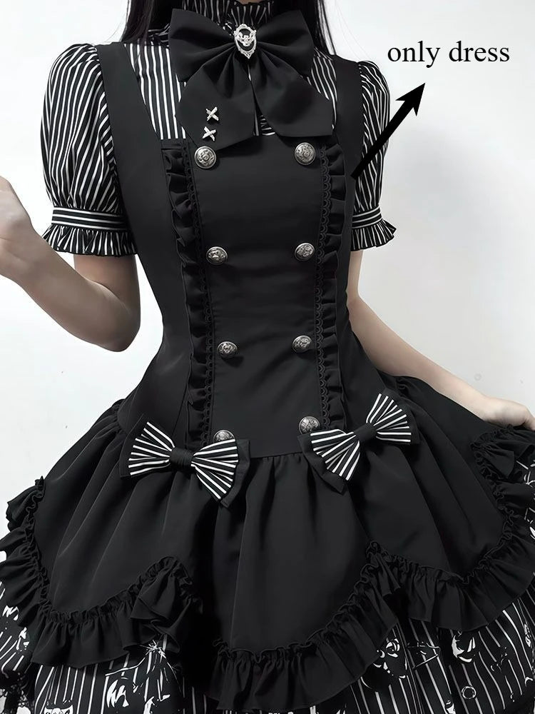 Gothic Striped Lolita Dress Set Women Puff Sleeve Stripe Blouse Suspender Dress Dark Sweet Bowknot Lace Layered Princess Outfit - Kimlud