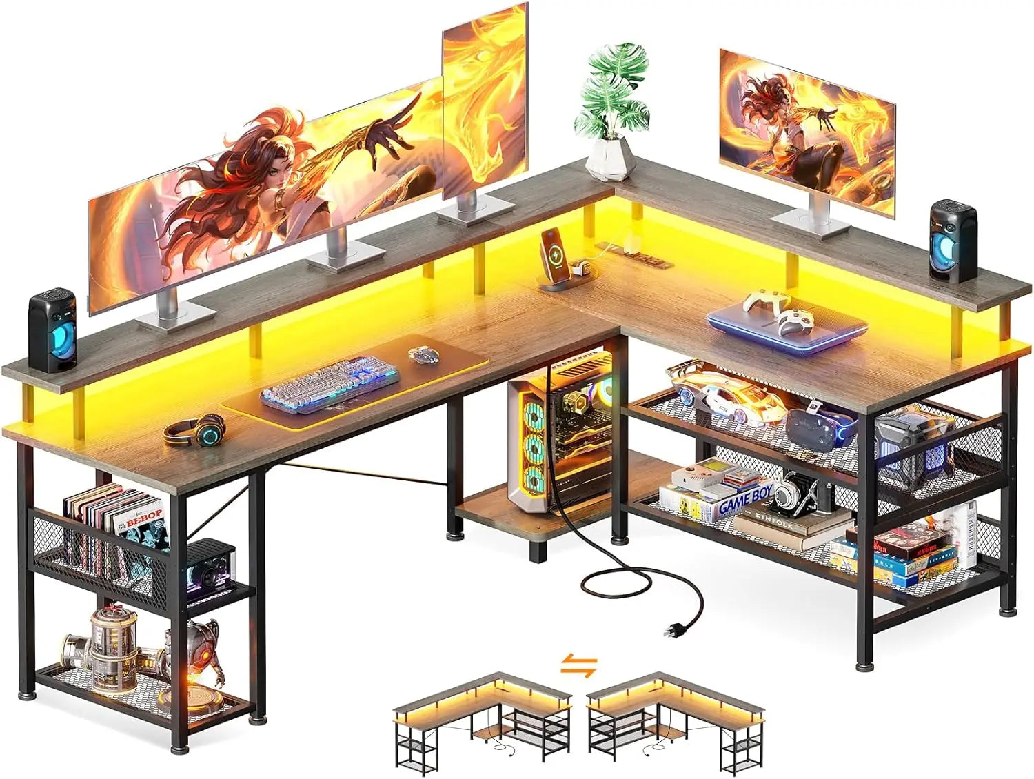 66" L Shaped Gaming Desk with Power Outlet and LED Lights, PC Gaming Table with Carbon Fiber Texture