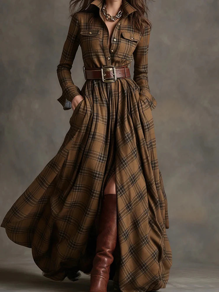 2025 Turn-Down Collar Patchwork Party Dress, Women Spring Autumn Long Sleeve Chic Maxi Dress, Plaid Printed Loose Cardigan Dress