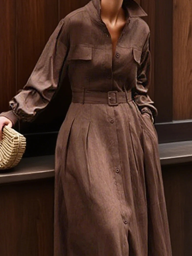 Gymystars Long Sleeve Dress Woman Fall 2025 Lapel Shirt Dress Fashion Loose Pleated Belt Decoration Casual Button Maxi Dresses