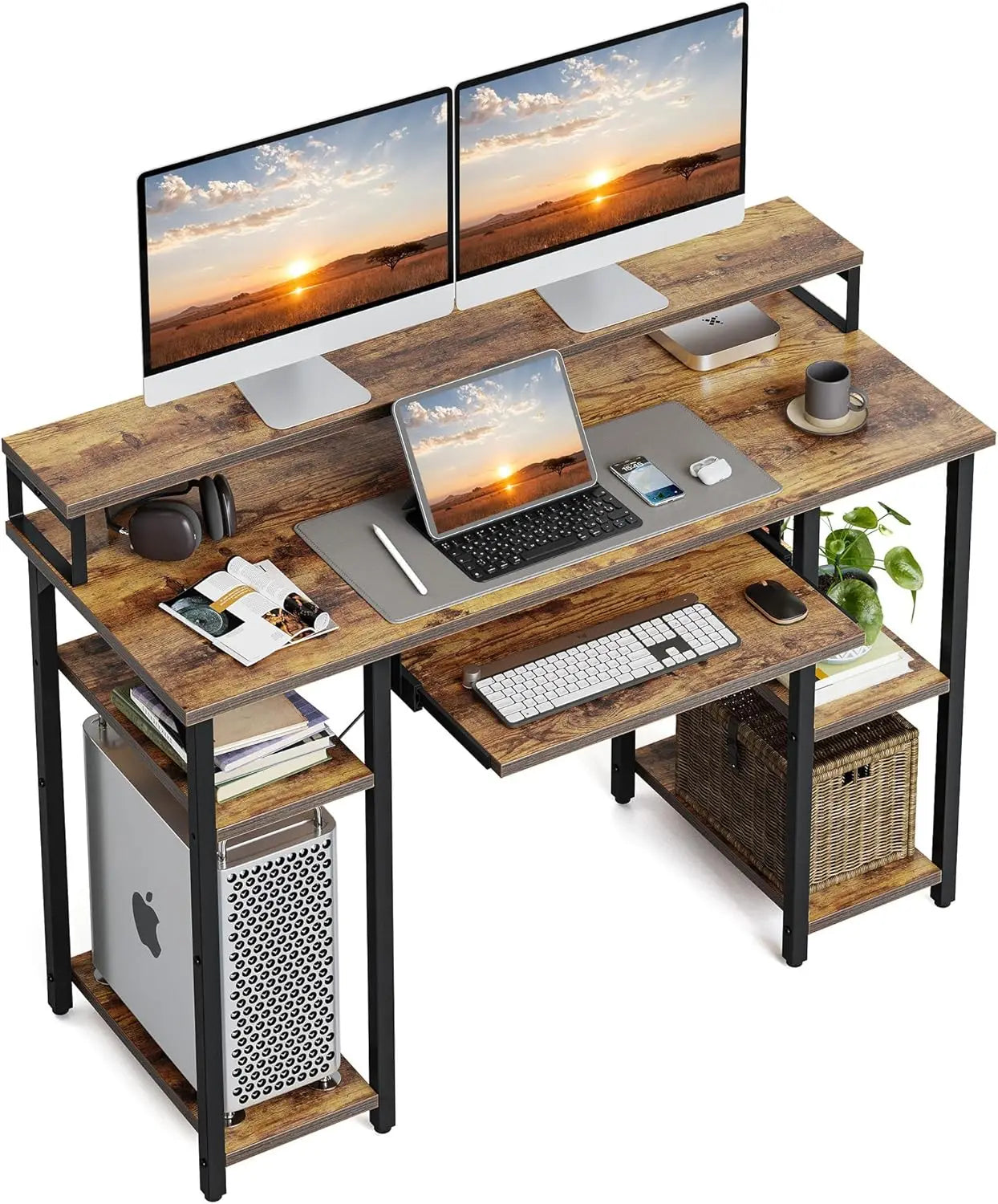CubiCubi Computer Desk with Keyboard Tray 47 Inch Office Desk with Monitor Stand Storage Shelves Music Studio Desk Workstation