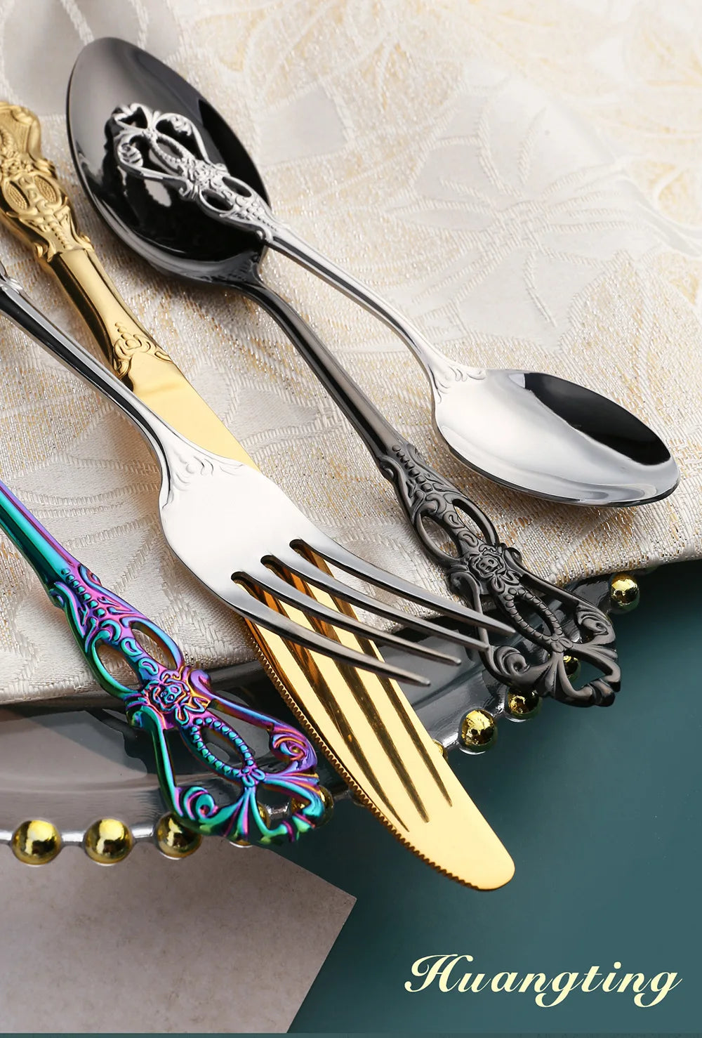 Golden Stainless Steel Cutlery Set Royal European Spoon Fork Complete Tableware Retro Design Dishwasher Safe Elegant...