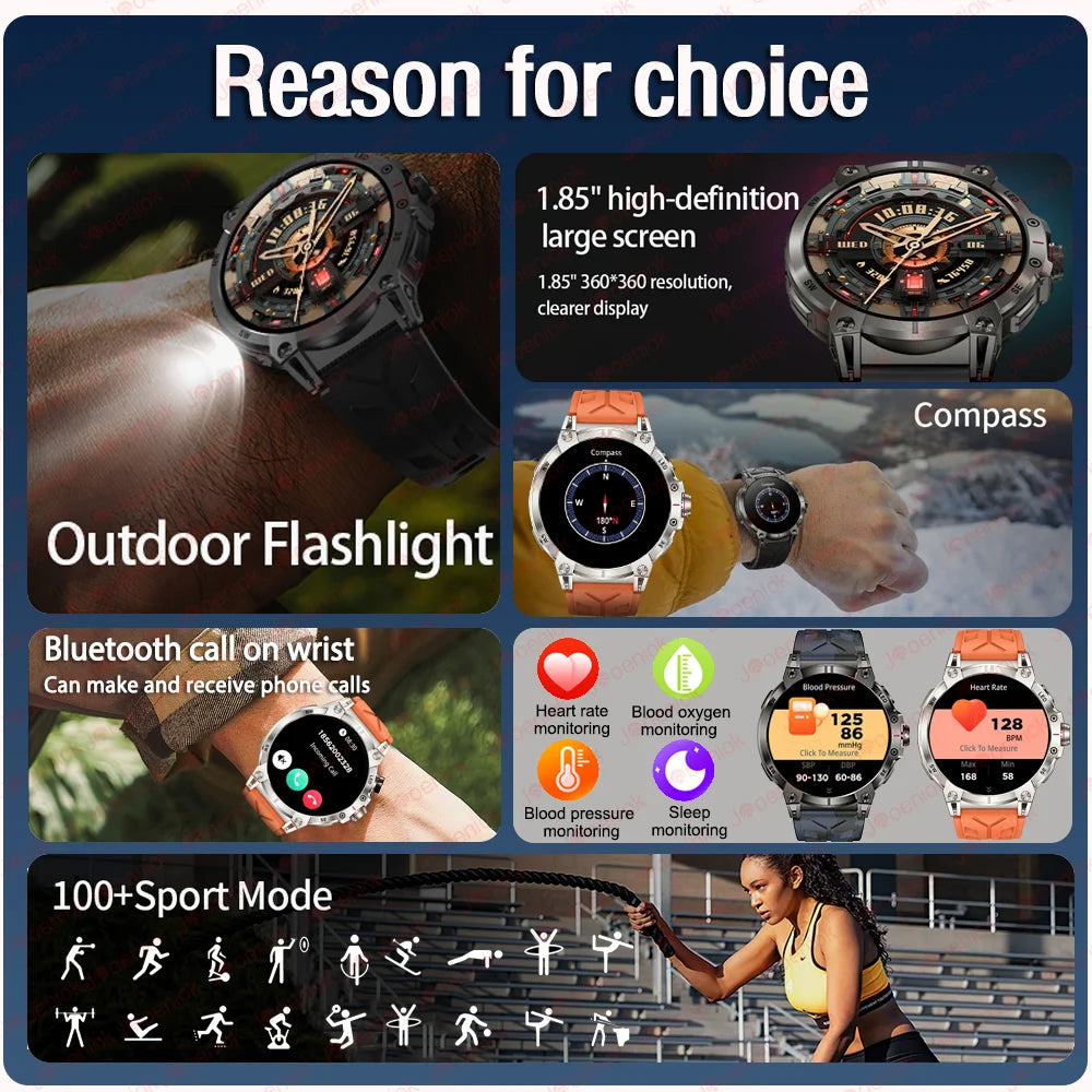 Military Smart Watch Men 760mAh Large Battery LED Flashlight Compass 1.8"HD Screen Heart rate Waterproof BT Call Smartwatch New