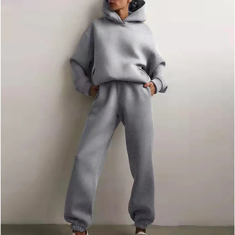 2 Pieces Set Women New Fashion Leisure Autumn Winter Pure Color Fleece Hooded two-piece Sports Suits Dropshipping LKX21660