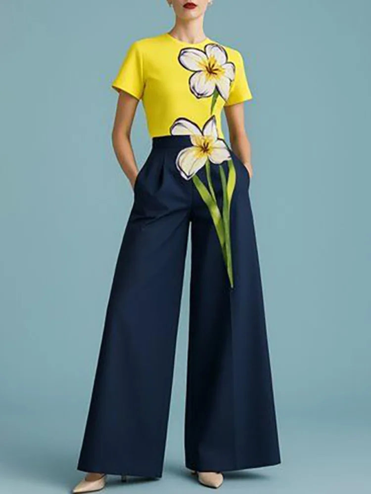UOOZEE Women Casual Two Piece Sets Floral Printed Short Sleeves Yellow T-shirts & Elastic High Waist Wide Leg Loose Pants Suits - Kimlud