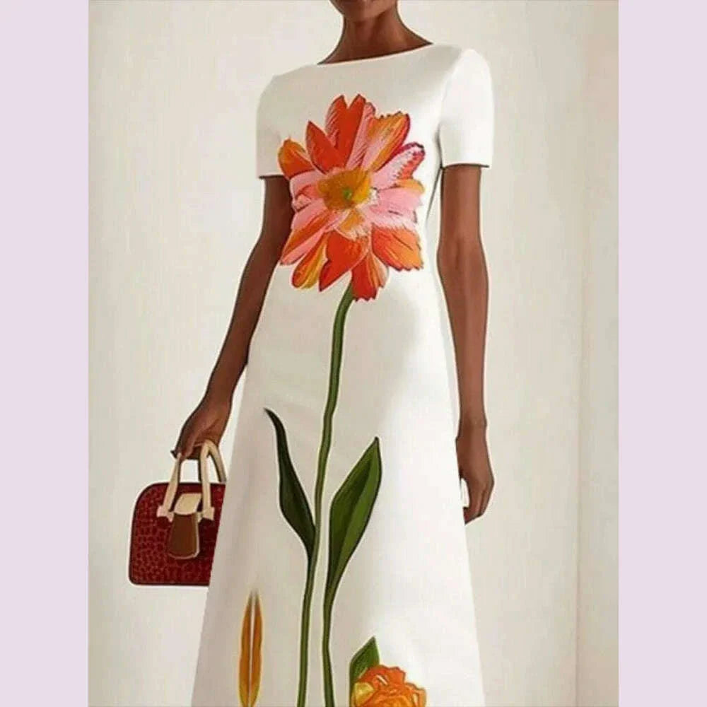 Gymystars 2025 Summer Latest Women's Fashion Flower Printed Dress Round Neck Trend Loose Elegant Party Evening Beach Dresses