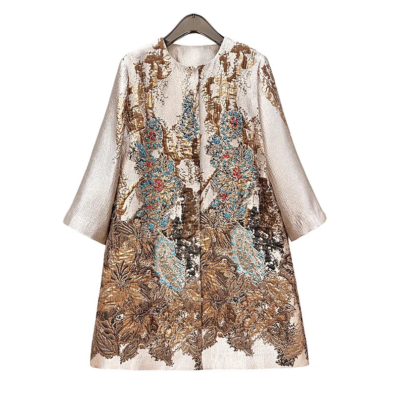 Luxury Jacquard Coat for Women Autumn Winter Vintage Gold Embroidery Beaded 3/4 Sleeve Loose Outerwear Elegant Retro Jacket