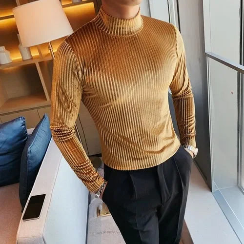New Gold Velvet T Shirt Men Clothing Fashion Trend Male Luxury Prom Party Long-sleeved Striped Pullover Tops Homme - Kimlud
