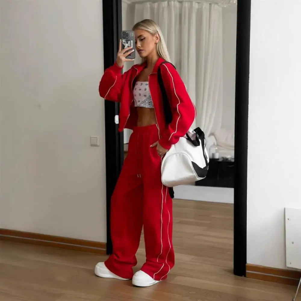 Casual Fashion Suit Ladies Zipper Cardigan Jacket Sports Tether Trousers Two-Piece Ladies Street Style Suit - Kimlud