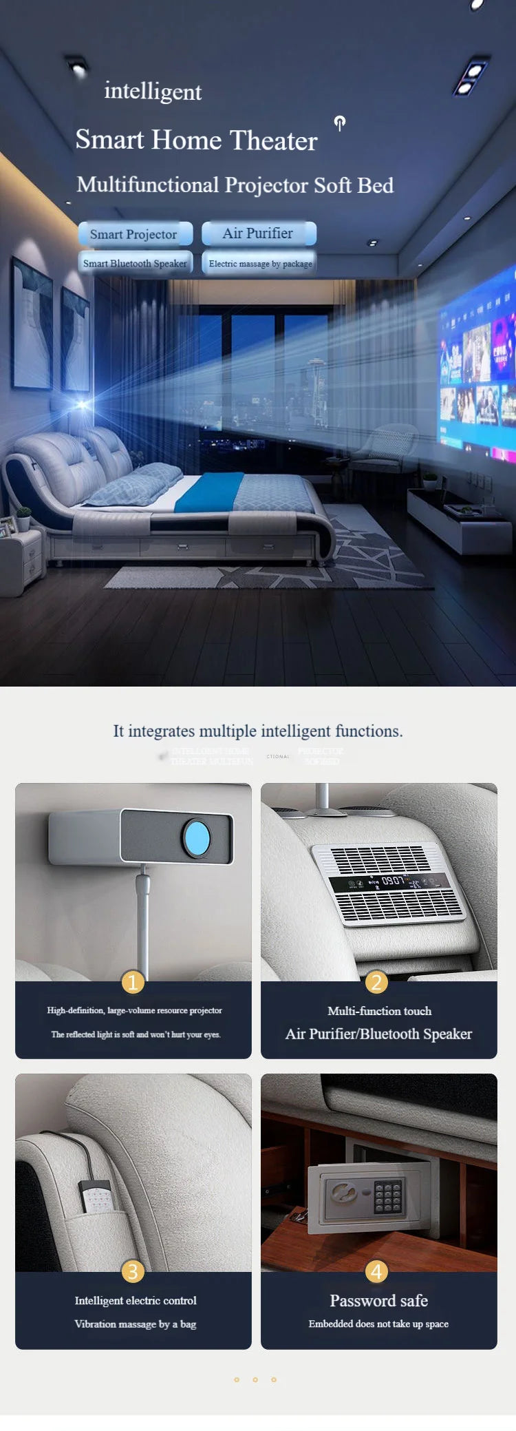 Modern Luxury Bedroom Furniture Smart Electric Massage Up-holstered Beds king Size Double Bed Mattress Plus Frame with...