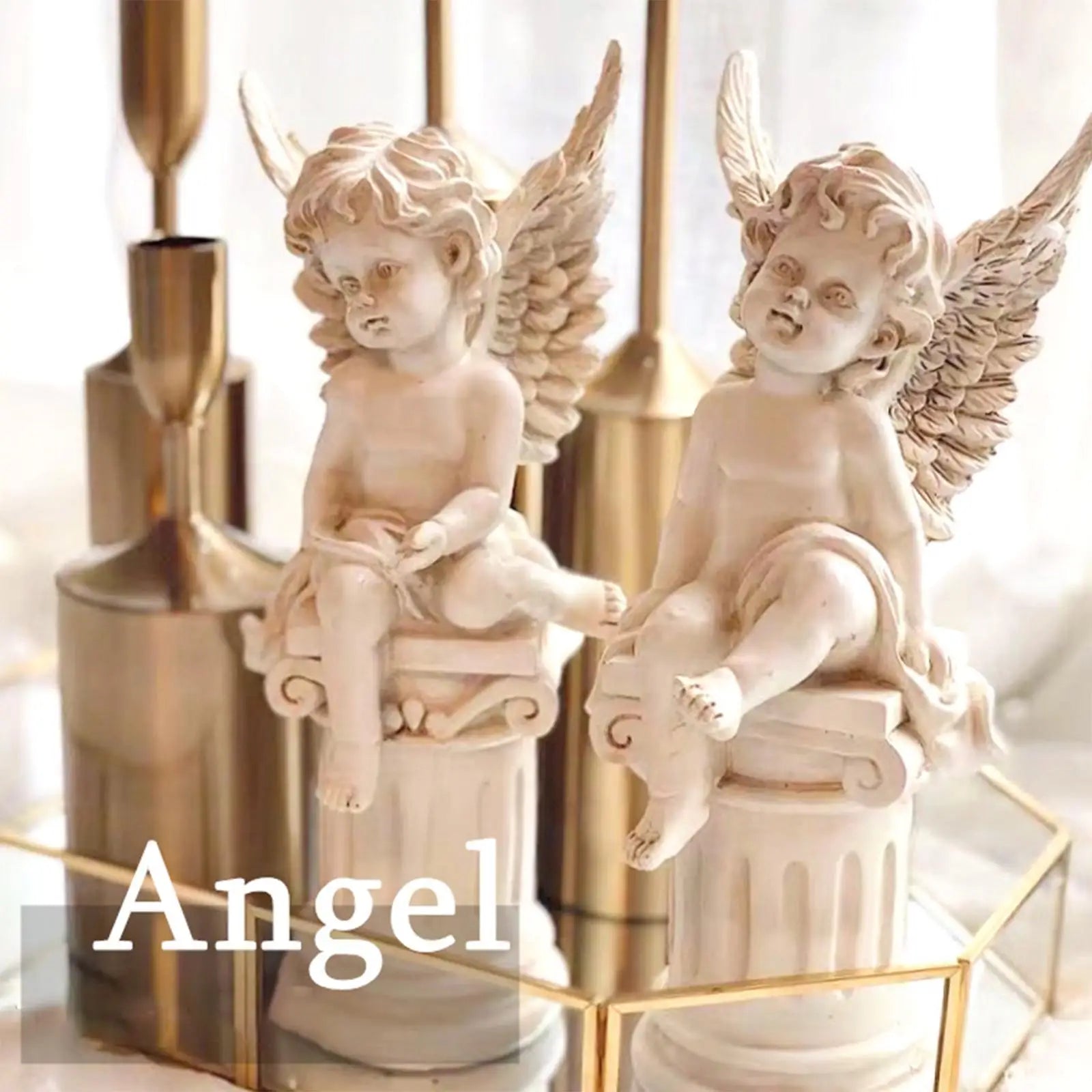 2 Cherub Statues Roman Pillar Decorative Photo Props Garden Figurines Sculptures for Outdoor Landscaping Fountain Porch Patio