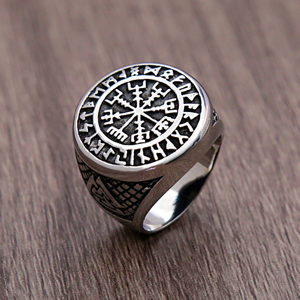 Vintage Viking Compass Helm of Awe Ring Stainless Steel Men Nordic Ethnic Belief Aegishjalmur Viking Rings Jewelry Free Shipping
