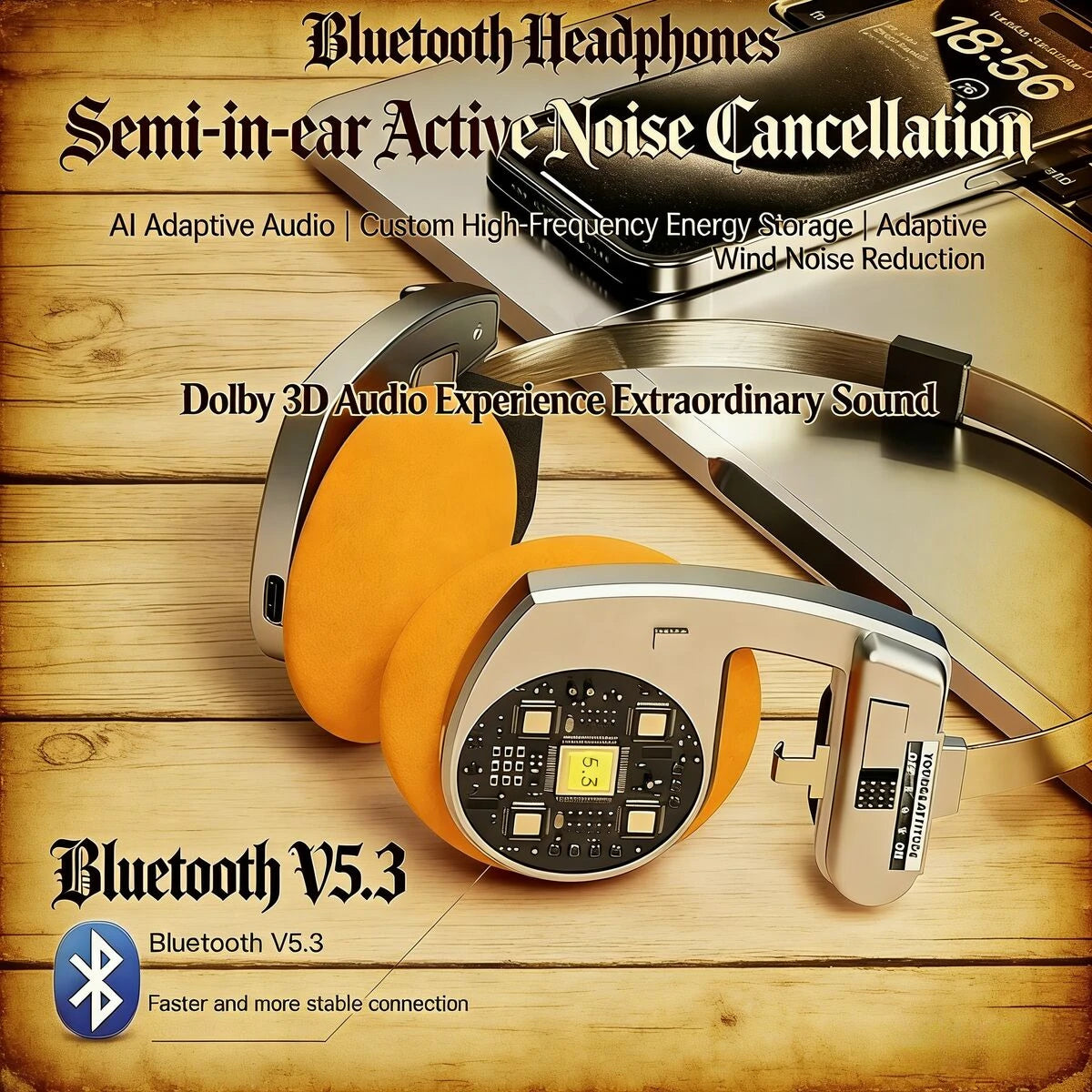 Foldable Portable Retro Style Wireless Headphones Bluetooth 5.3 HIFI Stereo Noise Reduction Long Battery Life Over-ear Earphones