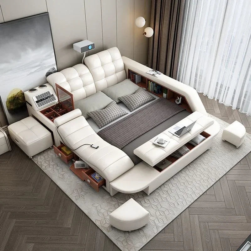 Genuine Leather Tech Smart Multifunctional Beds Massage Modern Luxury Camas Upholstered With Bluetooth Speaker,Air Cleaner