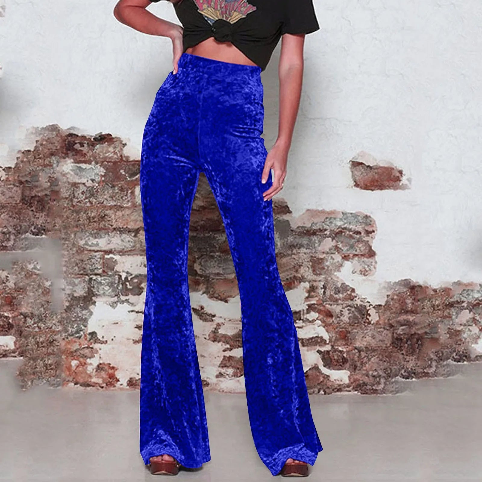 Vintage Velvet Flare Pants Women Sexy High Waist Floor-Length Trousers Lady Casual Velour Bell Bottom Pants Stretchy Retro Pant