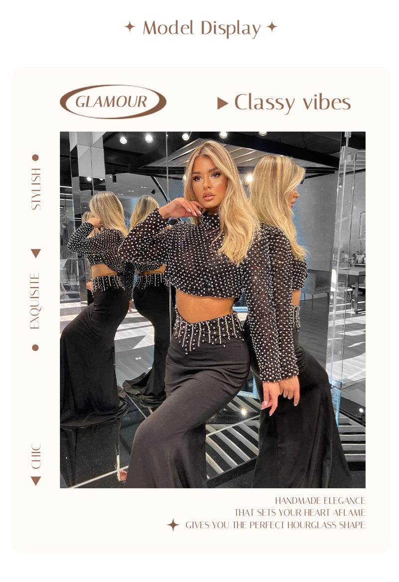 VC Glam Black Long Sleeves Beaded Crop Top & Mermaid Skirt Two Pieces Dress Set for Evening Glamour Gown