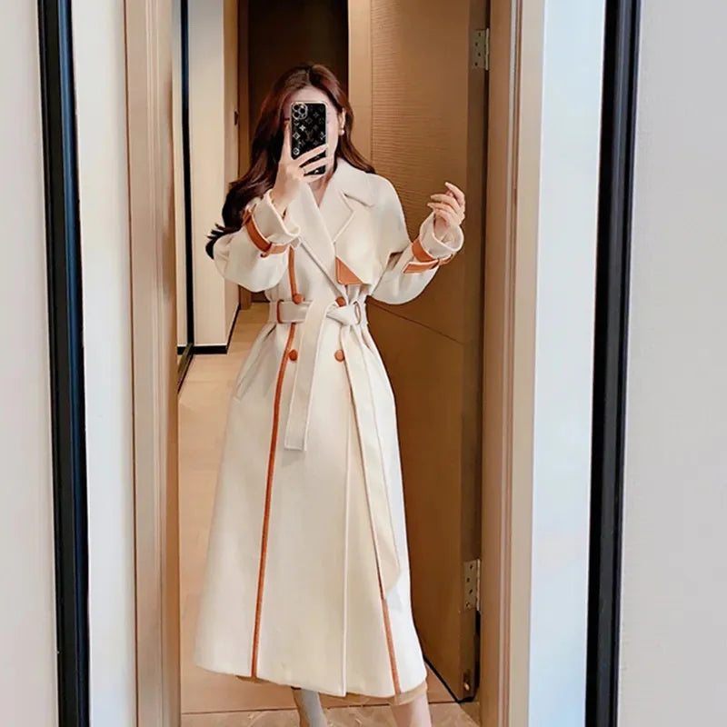 With belt Woolen Coat For women 2024 New Autumn Winter Fashion Slim Temperament Lapel Color blocked Thicken Wool Overcoat Female