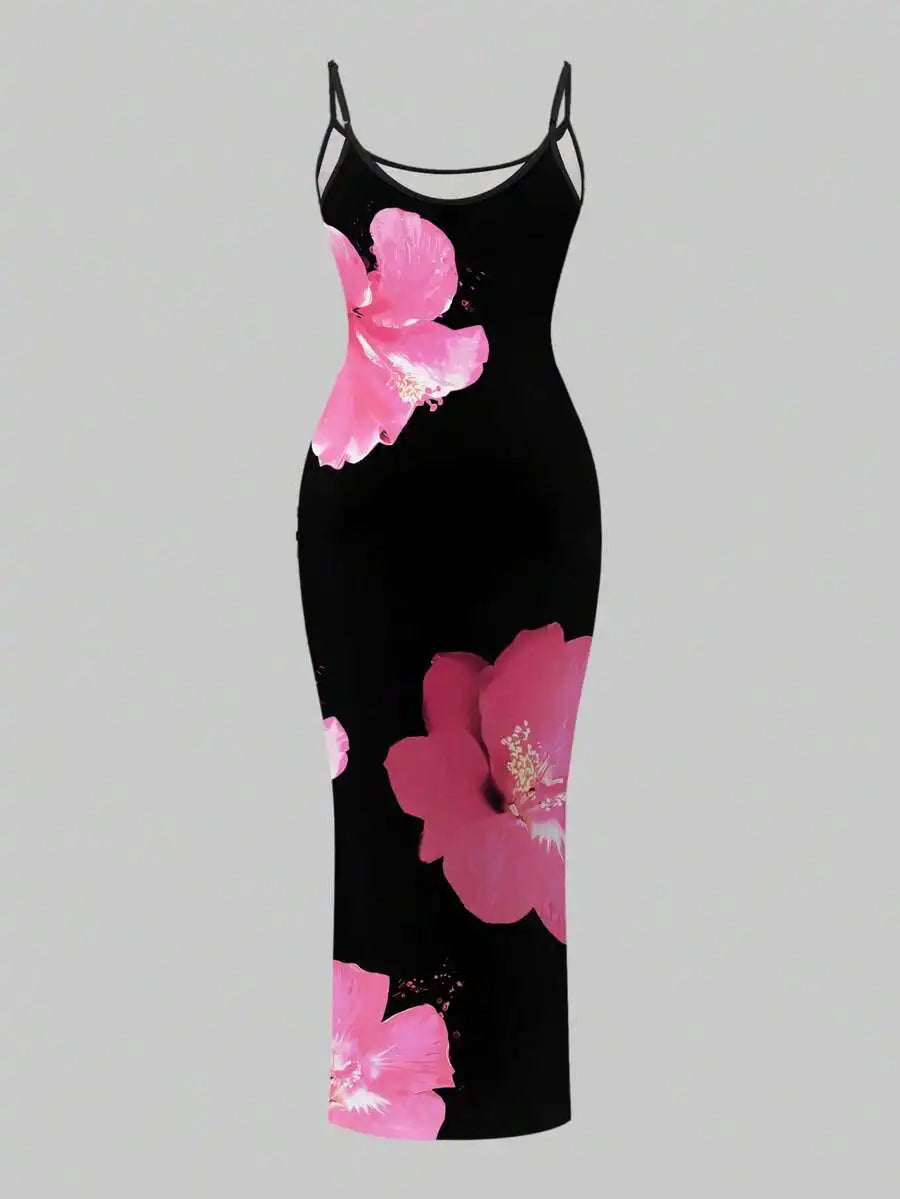 Womens Floral Print Elegant Waist Cinched Long Strap Dress For Party,Summer Dresses For Women