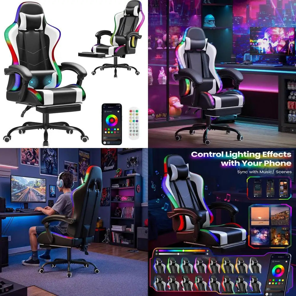 Ergonomic Gaming Chair with Footrest, Lumbar Massage, RGB Ivory, Adjustable Height & Swivel Seat
