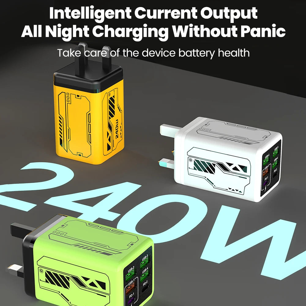 240W 6 Ports 4USB+2Type C Super Fast Charging Mobile Phone Charger USB3.0 PD3.0 EU/UK/US Charger For Iphone 17 16 Samsung POCO